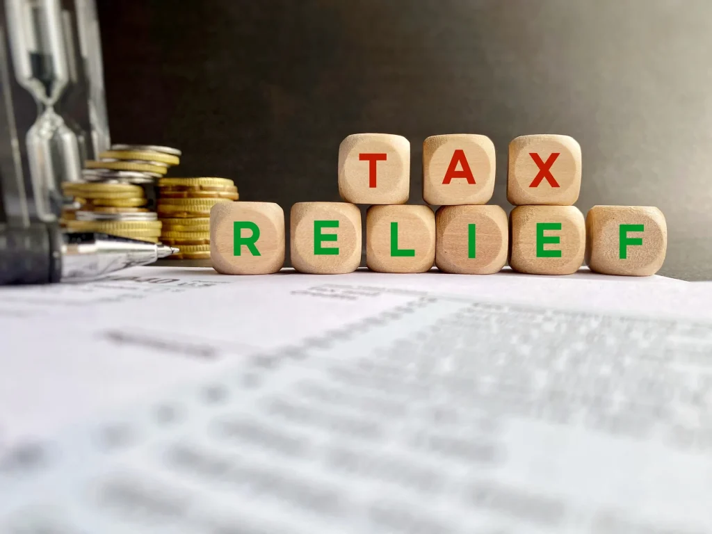 Tax relief spelled out in small blocks.
