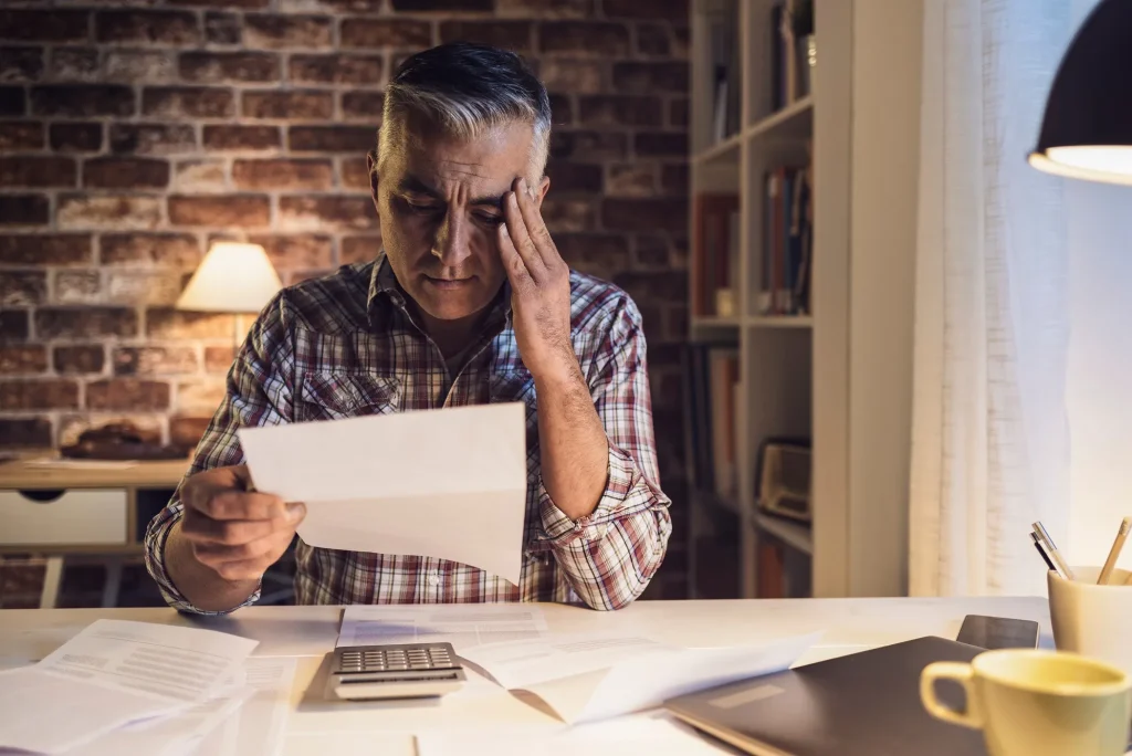 A man looking at a tax document looking confused.