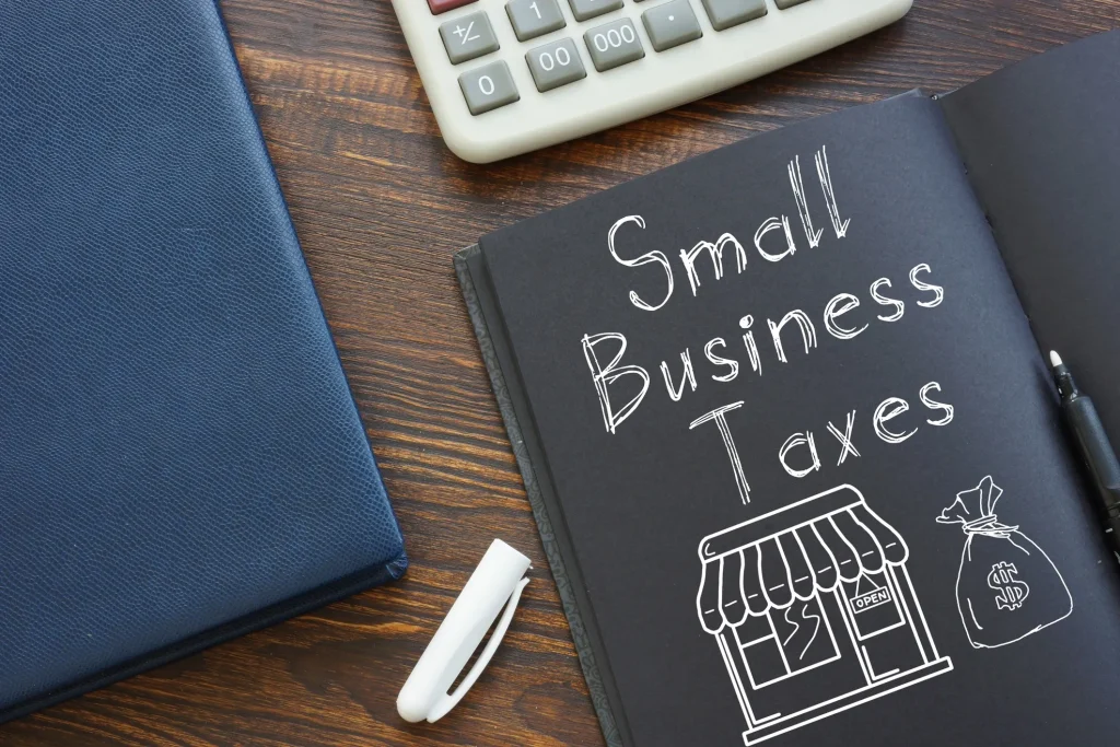 Book with small business tax written on it.